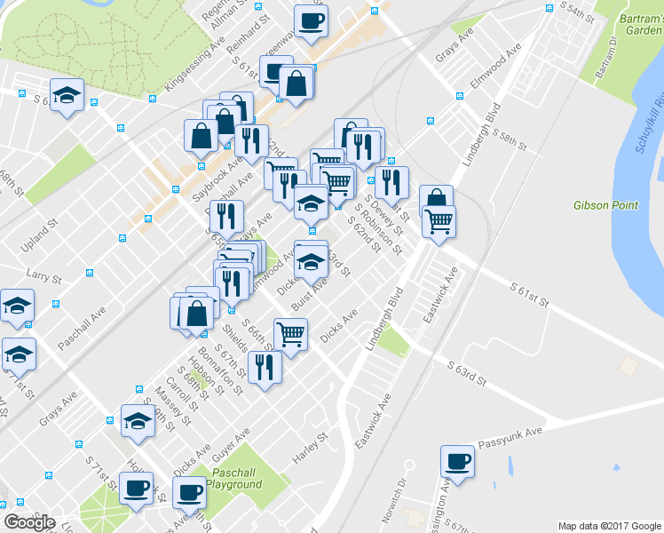 map of restaurants, bars, coffee shops, grocery stores, and more near 6309 Buist Avenue in Philadelphia