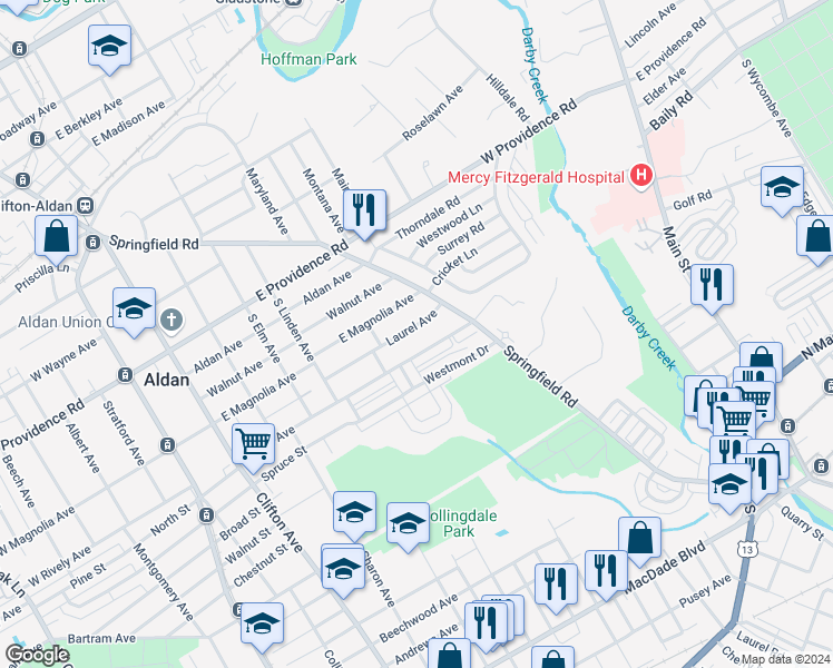 map of restaurants, bars, coffee shops, grocery stores, and more near 432 Laurel Avenue in Aldan