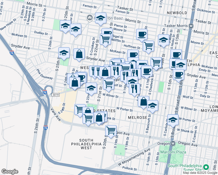 map of restaurants, bars, coffee shops, grocery stores, and more near 2314 South Woodstock Street in Philadelphia