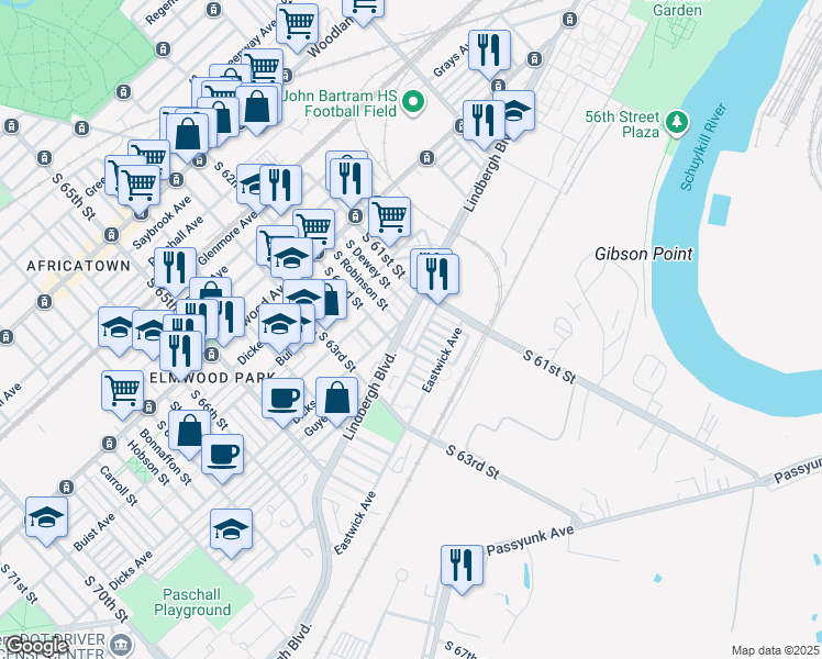 map of restaurants, bars, coffee shops, grocery stores, and more near 6156 Lindbergh Boulevard in Philadelphia