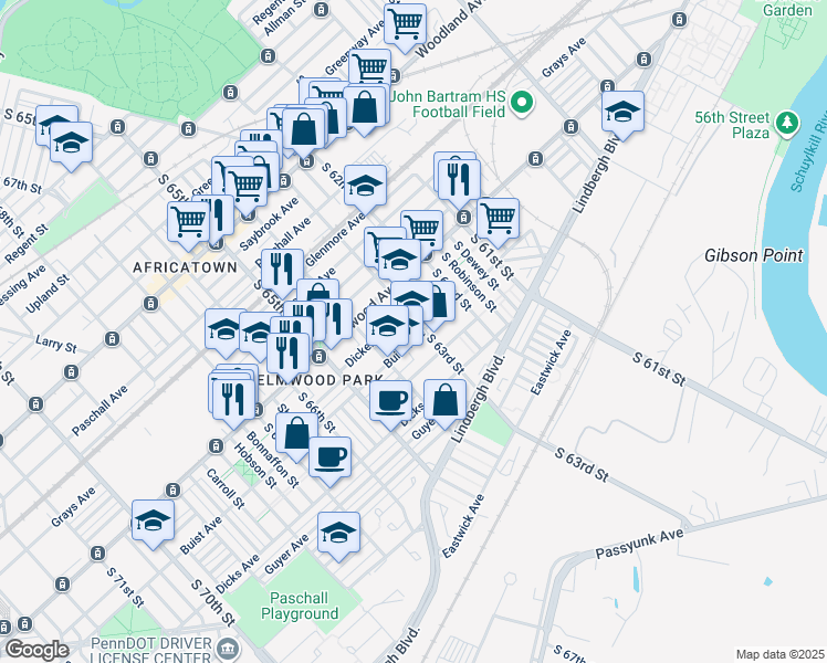 map of restaurants, bars, coffee shops, grocery stores, and more near 6309 Buist Avenue in Philadelphia