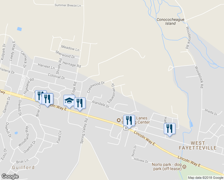 map of restaurants, bars, coffee shops, grocery stores, and more near 101 Equestrian Drive in Chambersburg