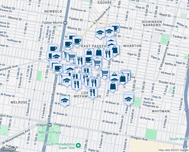map of restaurants, bars, coffee shops, grocery stores, and more near 1011 Jackson Street in Philadelphia