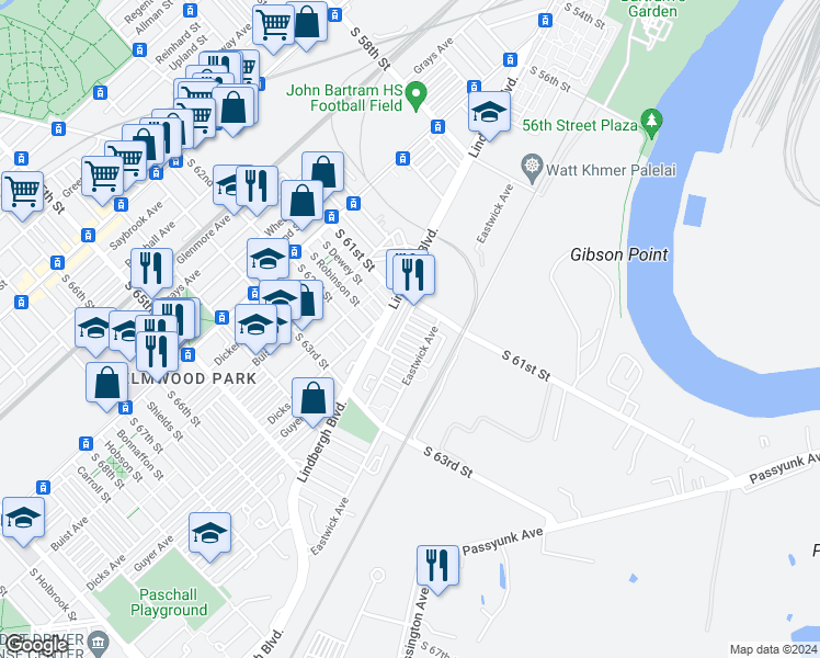 map of restaurants, bars, coffee shops, grocery stores, and more near 2906 South Dewey Street in Philadelphia