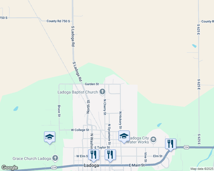 map of restaurants, bars, coffee shops, grocery stores, and more near 790 Northern Acres Drive in Ladoga