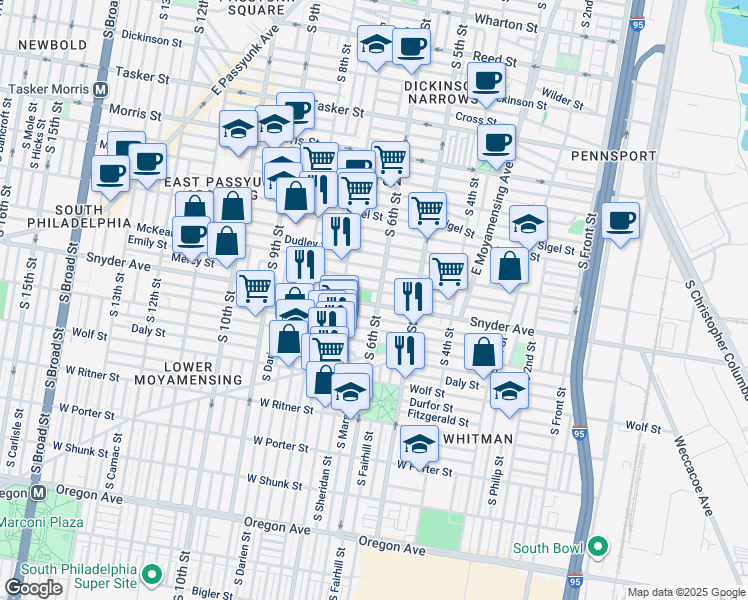map of restaurants, bars, coffee shops, grocery stores, and more near 2038 South 6th Street in Philadelphia
