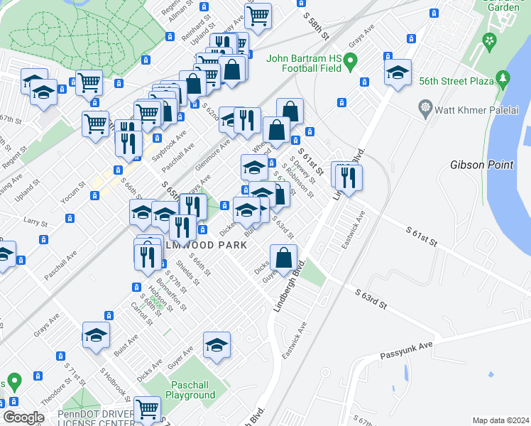 map of restaurants, bars, coffee shops, grocery stores, and more near 6303 Buist Avenue in Philadelphia
