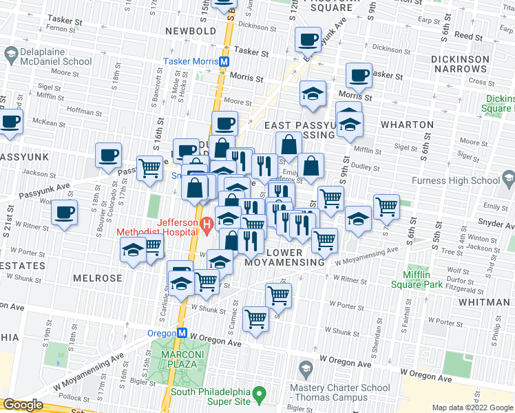 map of restaurants, bars, coffee shops, grocery stores, and more near 1202 Jackson Street in Philadelphia