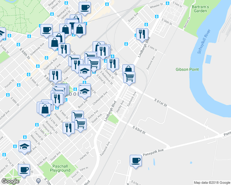 map of restaurants, bars, coffee shops, grocery stores, and more near 2661 South 62nd Street in Philadelphia