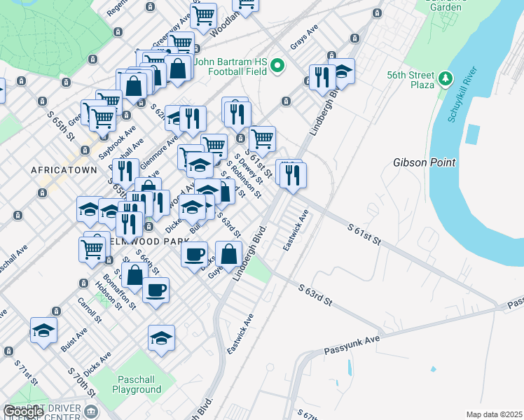 map of restaurants, bars, coffee shops, grocery stores, and more near 2661 South 62nd Street in Philadelphia