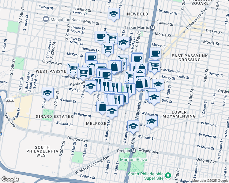 map of restaurants, bars, coffee shops, grocery stores, and more near 2231 South Bancroft Street in Philadelphia