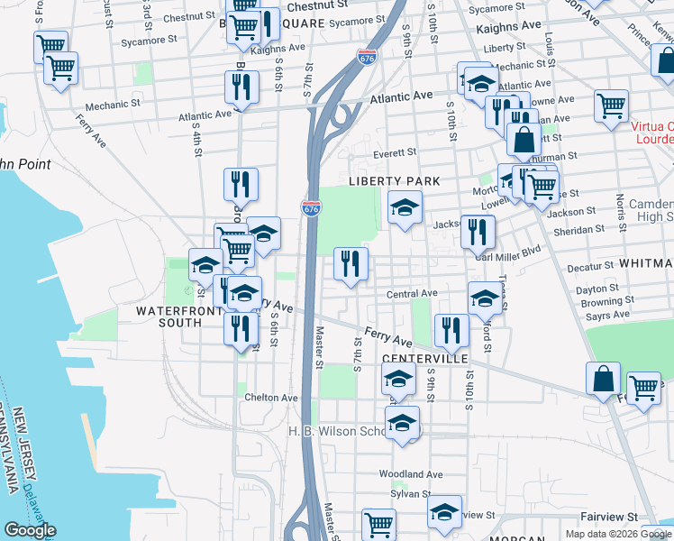 map of restaurants, bars, coffee shops, grocery stores, and more near 677 Tilghman Drive in Camden