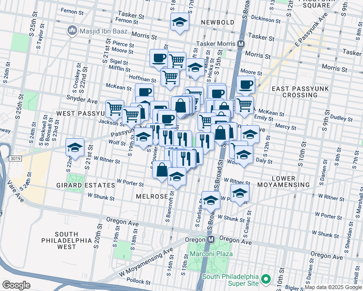 map of restaurants, bars, coffee shops, grocery stores, and more near 2231 South Bancroft Street in Philadelphia