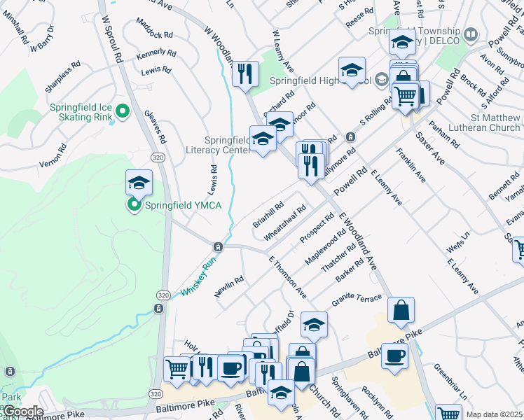 map of restaurants, bars, coffee shops, grocery stores, and more near 476 Briarhill Road in Springfield