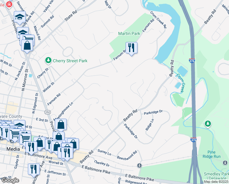 map of restaurants, bars, coffee shops, grocery stores, and more near 918 Winding Lane in Media