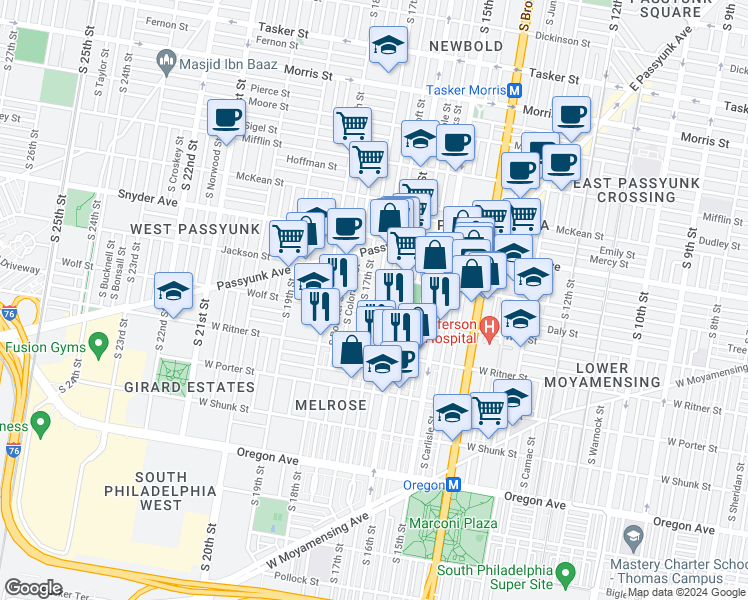 map of restaurants, bars, coffee shops, grocery stores, and more near 2234 South Chadwick Street in Philadelphia