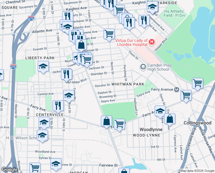 map of restaurants, bars, coffee shops, grocery stores, and more near 1275 Dayton Street in Camden