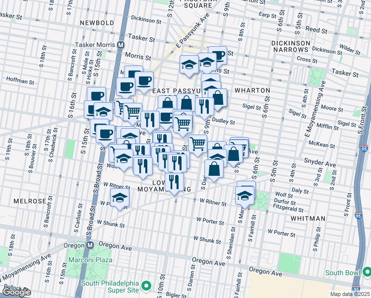 map of restaurants, bars, coffee shops, grocery stores, and more near 1011 Jackson Street in Philadelphia
