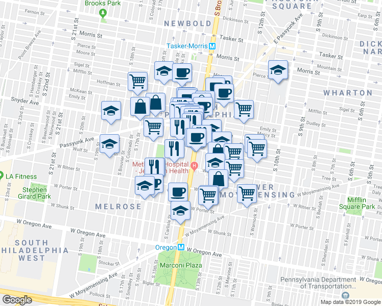 map of restaurants, bars, coffee shops, grocery stores, and more near 2232 South Rosewood Street in Philadelphia