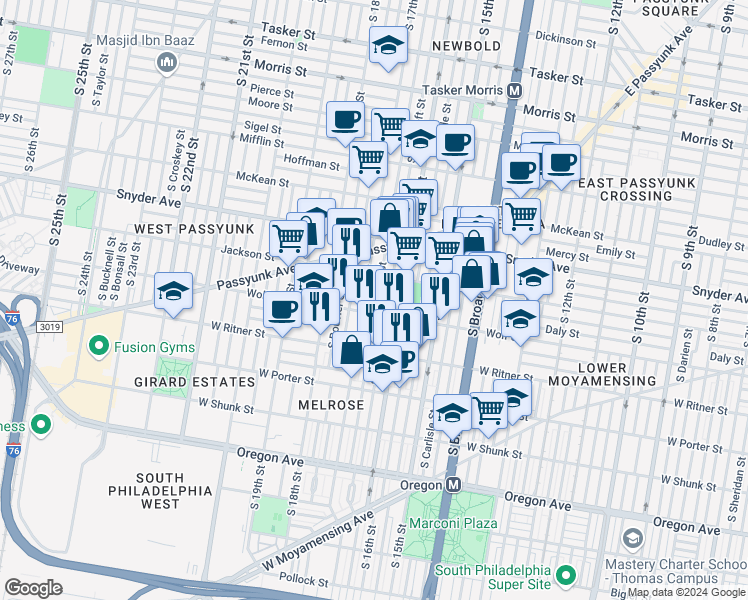 map of restaurants, bars, coffee shops, grocery stores, and more near 2234 South Chadwick Street in Philadelphia