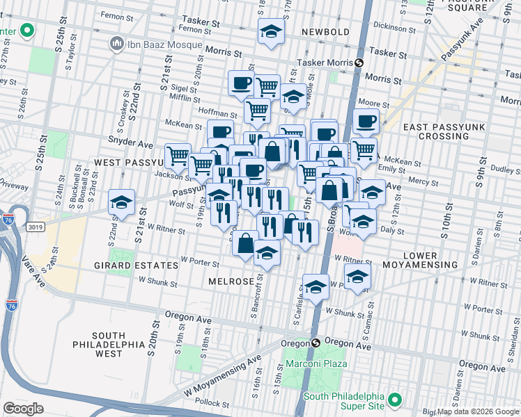 map of restaurants, bars, coffee shops, grocery stores, and more near in Philadelphia