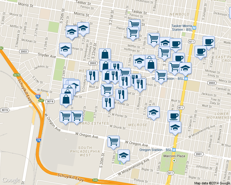 map of restaurants, bars, coffee shops, grocery stores, and more near in Philadelphia