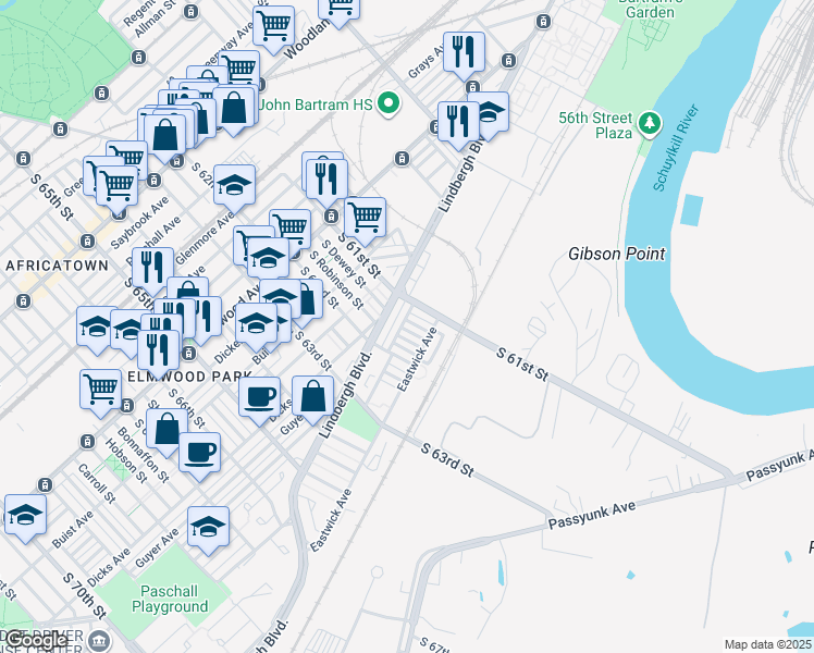 map of restaurants, bars, coffee shops, grocery stores, and more near 2904 South Robinson Street in Philadelphia
