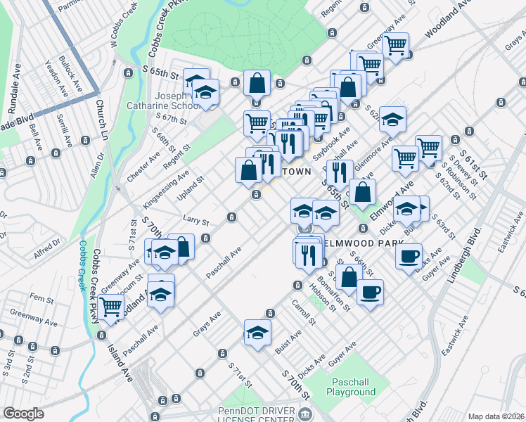map of restaurants, bars, coffee shops, grocery stores, and more near 2235 Hobson Street in Philadelphia