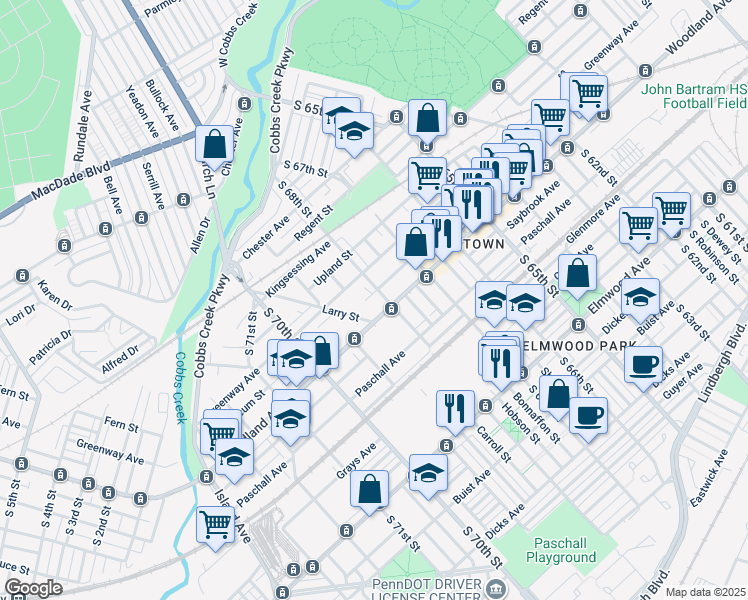 map of restaurants, bars, coffee shops, grocery stores, and more near 6810 Yocum Street in Philadelphia