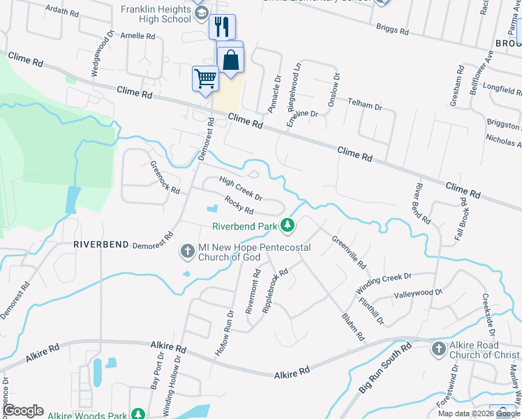 map of restaurants, bars, coffee shops, grocery stores, and more near 3507 Rocky Road in Columbus