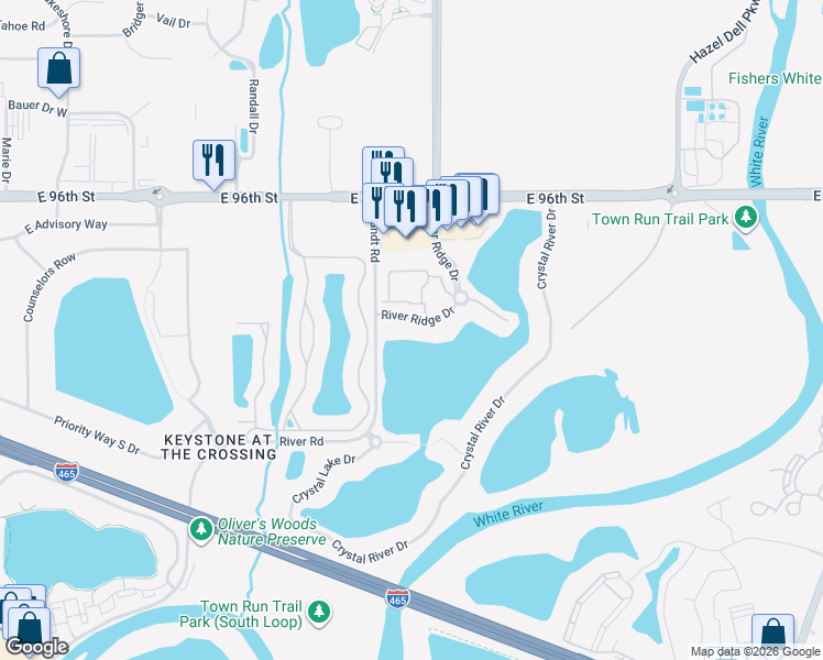 map of restaurants, bars, coffee shops, grocery stores, and more near 4713 River Ridge Drive in Indianapolis