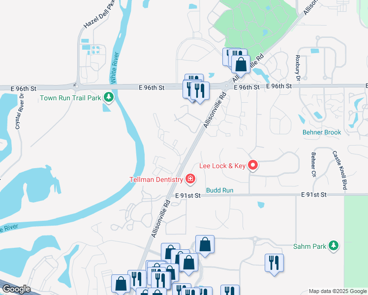 map of restaurants, bars, coffee shops, grocery stores, and more near 9304 Viking Hills Court in Indianapolis