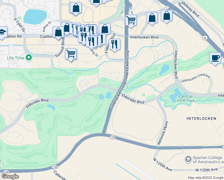 map of restaurants, bars, coffee shops, grocery stores, and more near 530 Eldorado Boulevard in Broomfield
