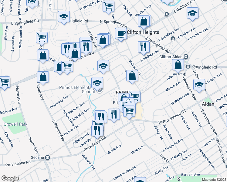 map of restaurants, bars, coffee shops, grocery stores, and more near 804 Bunting Lane in Upper Darby