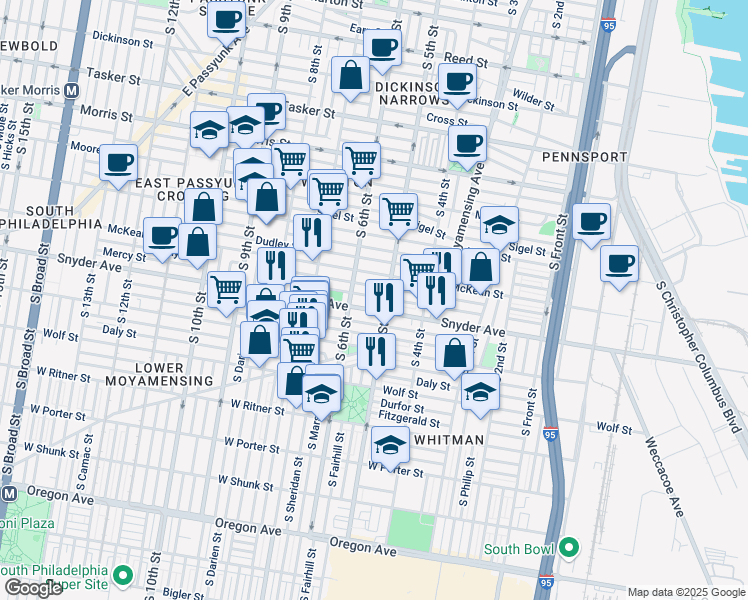 map of restaurants, bars, coffee shops, grocery stores, and more near 512 Mercy Street in Philadelphia