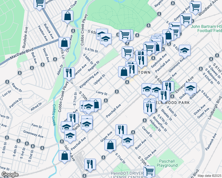 map of restaurants, bars, coffee shops, grocery stores, and more near 6810 Yocum Street in Philadelphia
