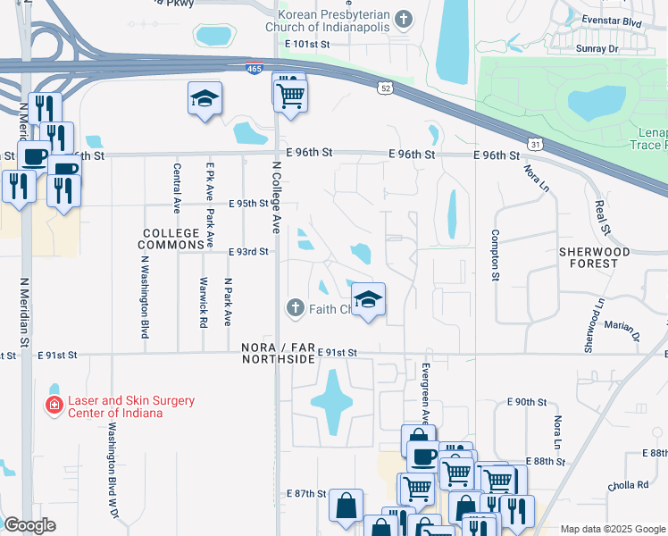 map of restaurants, bars, coffee shops, grocery stores, and more near 9301 Yale Drive in Indianapolis