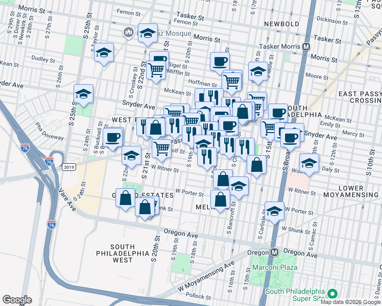 map of restaurants, bars, coffee shops, grocery stores, and more near S 19th St & Wolf St in Philadelphia