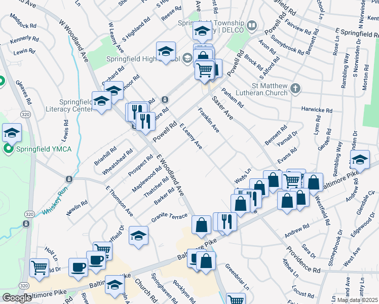 map of restaurants, bars, coffee shops, grocery stores, and more near 262 East Leamy Avenue in Springfield