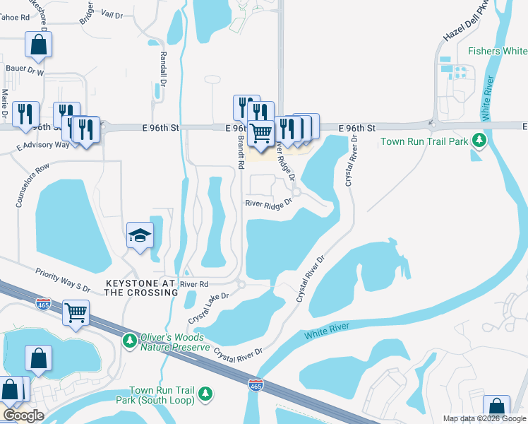 map of restaurants, bars, coffee shops, grocery stores, and more near 4713 River Ridge Drive in Indianapolis