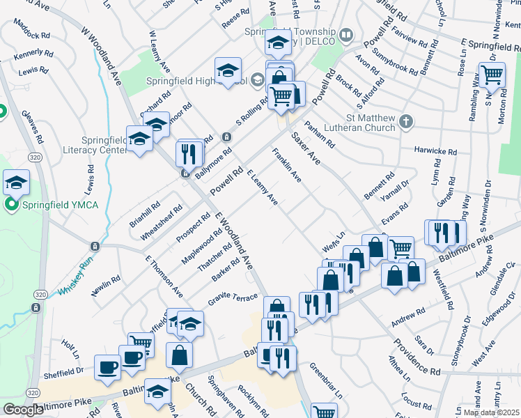 map of restaurants, bars, coffee shops, grocery stores, and more near 262 East Leamy Avenue in Springfield
