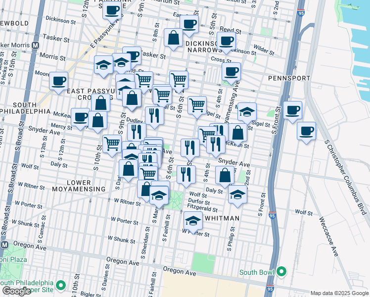 map of restaurants, bars, coffee shops, grocery stores, and more near 512 Mercy Street in Philadelphia