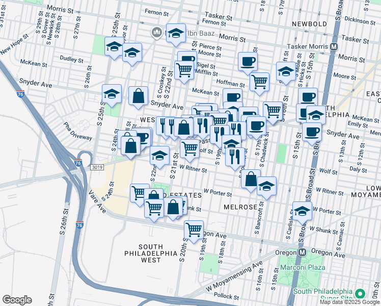 map of restaurants, bars, coffee shops, grocery stores, and more near 2310 South Woodstock Street in Philadelphia