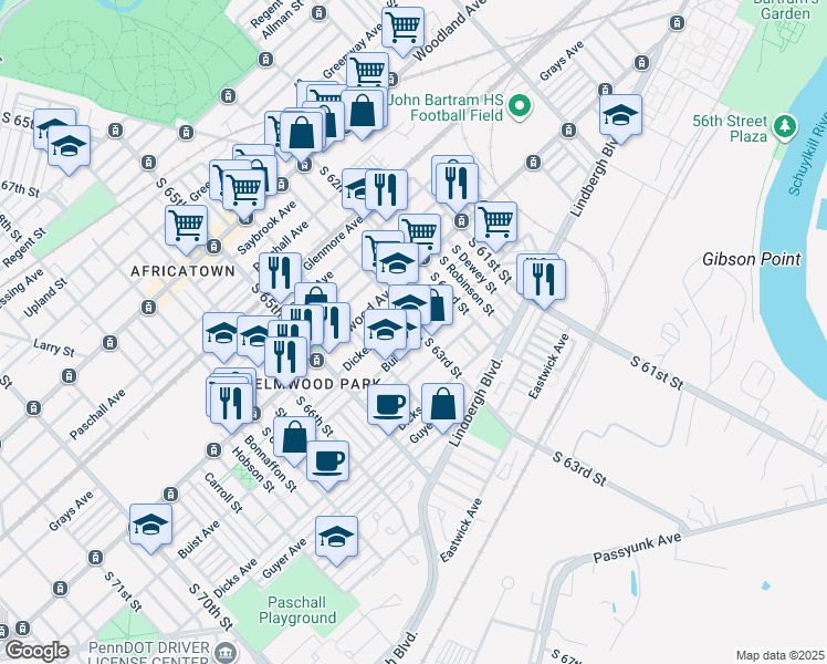 map of restaurants, bars, coffee shops, grocery stores, and more near 6303 Buist Avenue in Philadelphia