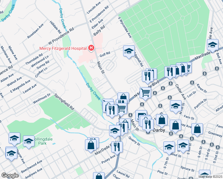 map of restaurants, bars, coffee shops, grocery stores, and more near 1218 Main Street in Darby