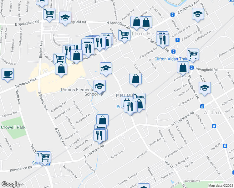 map of restaurants, bars, coffee shops, grocery stores, and more near 802 Bunting Lane in Upper Darby