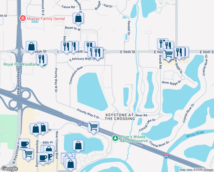 map of restaurants, bars, coffee shops, grocery stores, and more near 9325 Delegates Row in Indianapolis