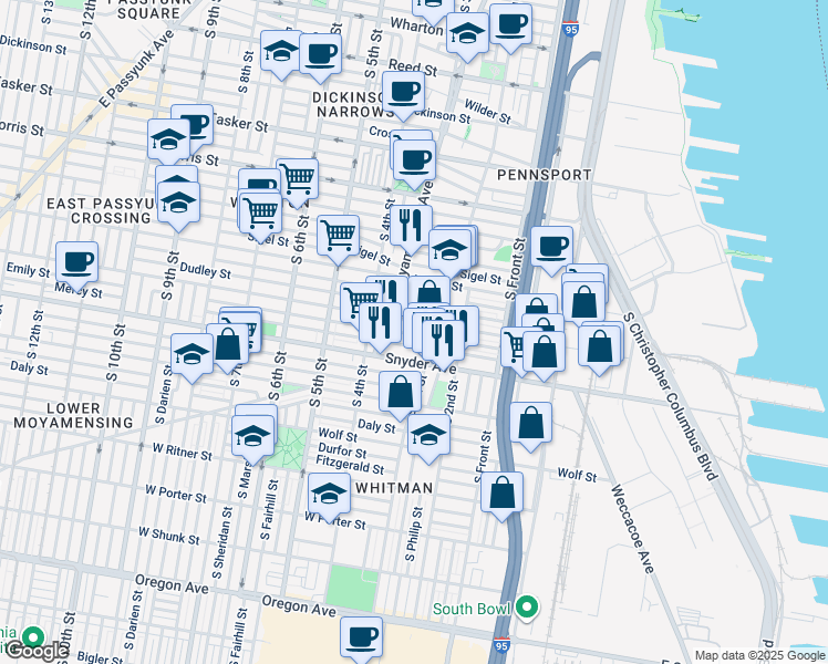 map of restaurants, bars, coffee shops, grocery stores, and more near 329 Emily Street in Philadelphia