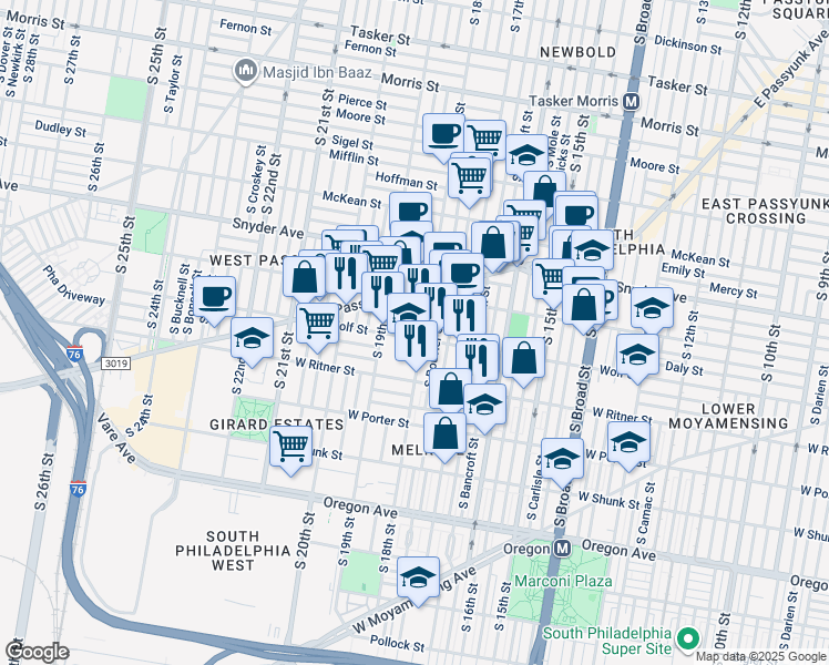 map of restaurants, bars, coffee shops, grocery stores, and more near 1807 Wolf Street in Philadelphia