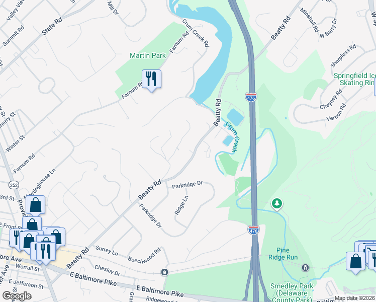 map of restaurants, bars, coffee shops, grocery stores, and more near 507 Beatty Road in Media
